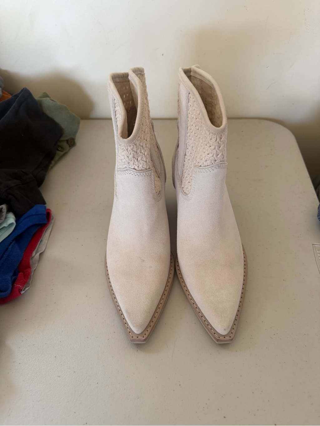 Dolce Vita Cream Pointed Ankle Booties With Knit Insets